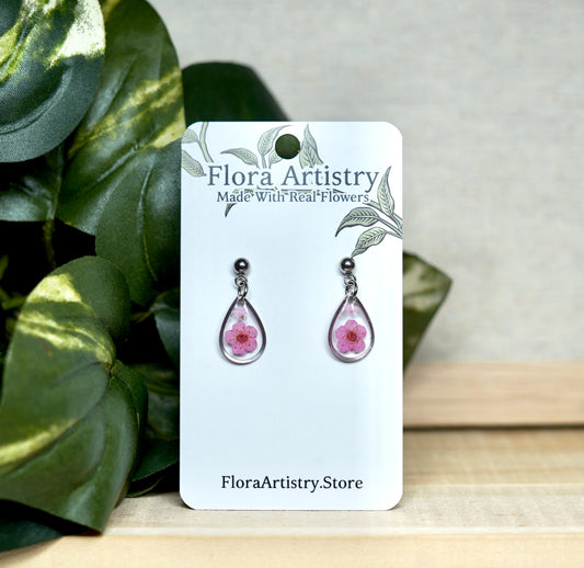 Teeny Teardrop Pink Flower Stud Earrings