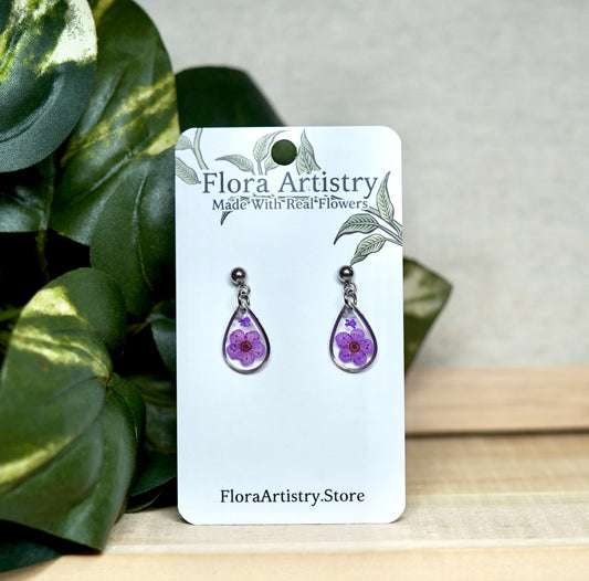 Teeny Teardrop Purple Flower Stud Earrings