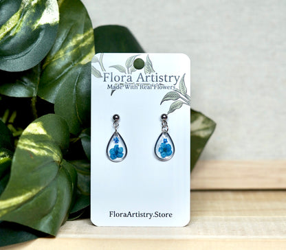 Teeny Teardrop Blue Flower Stud Earrings