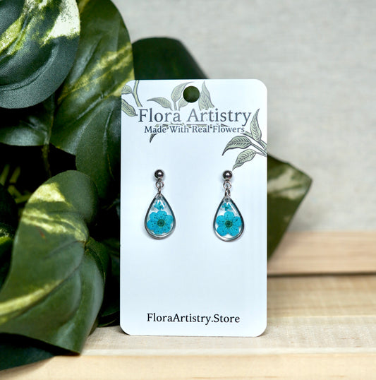 Teeny Teardrop Turquoise Blue Flower Stud Earrings