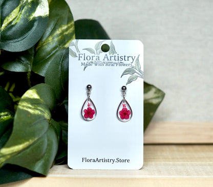 Teeny Teardrop Red Flower Stud Earrings