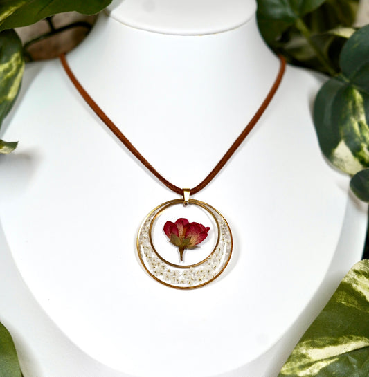 Red Rose Flower White Floral Double Circle Necklace