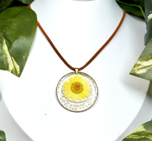 Yellow Daisy Flower White Floral Double Circle Necklace