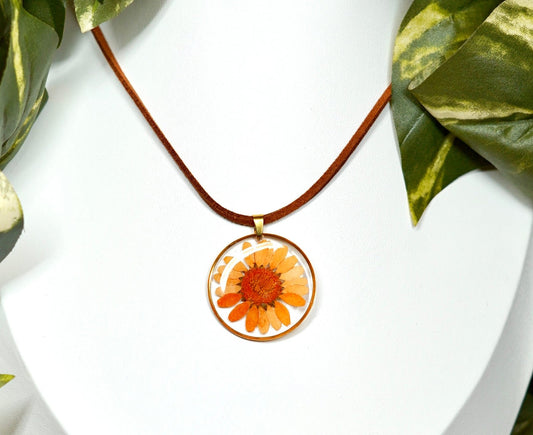 Large Orange Daisy Flower Circle Leather Necklace