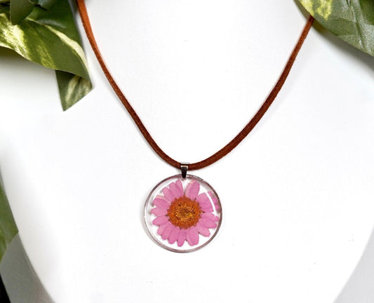 Large Pink Daisy Flower Circle Leather Necklace