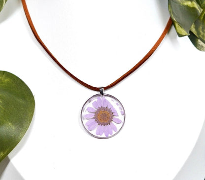 Large Pastel Purple Daisy Flower Circle Leather Necklace