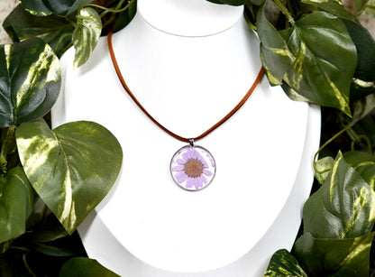 Large Pastel Purple Daisy Flower Circle Leather Necklace