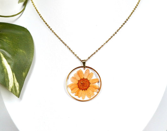 Large Orange Daisy Flower Circle Gold Necklace