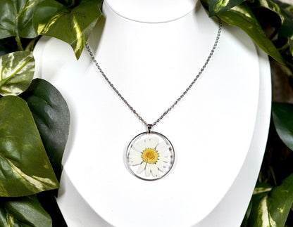 Pressed White Daisy Flower Circle Necklace