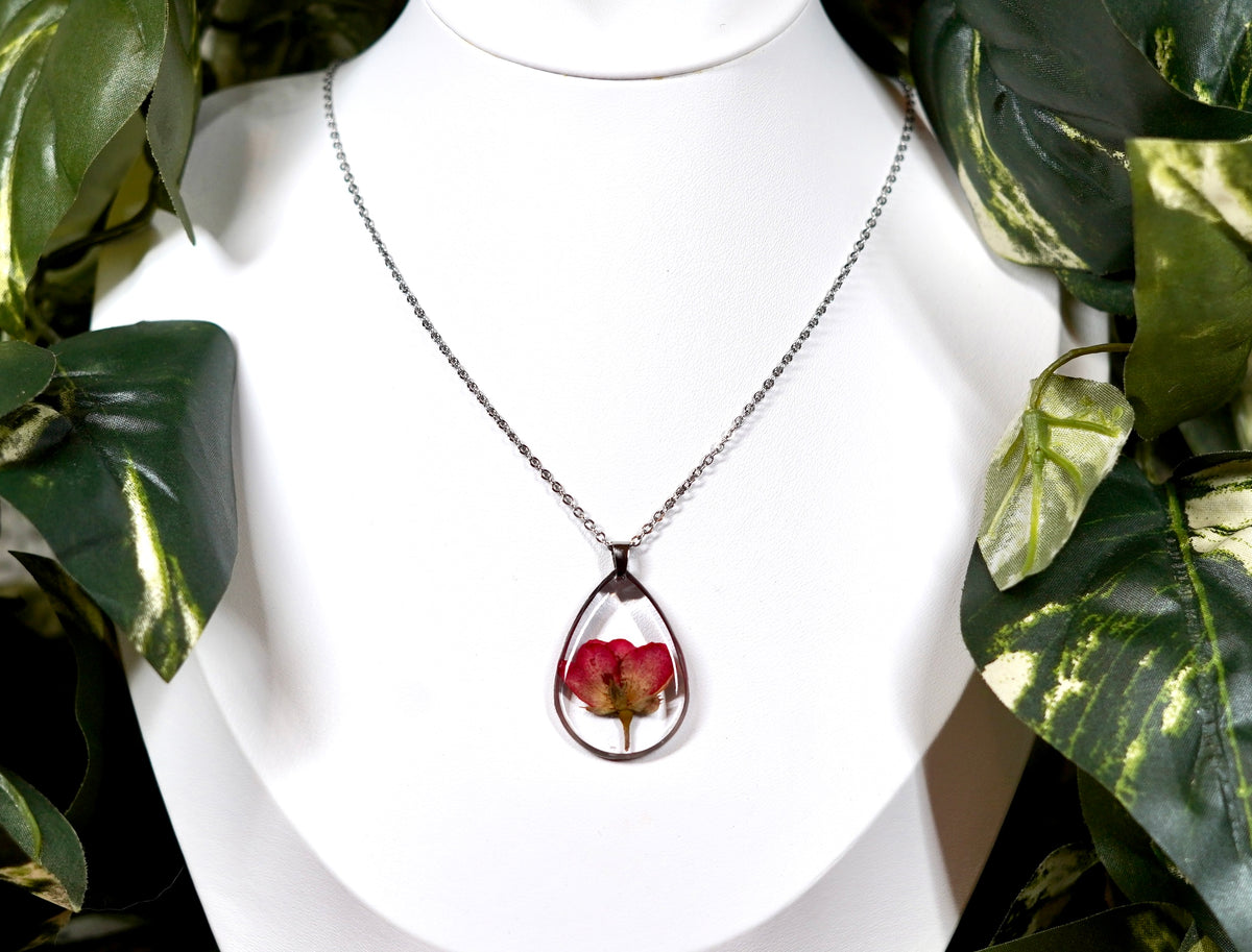 Real Red Rose Flower Teardrop Necklace