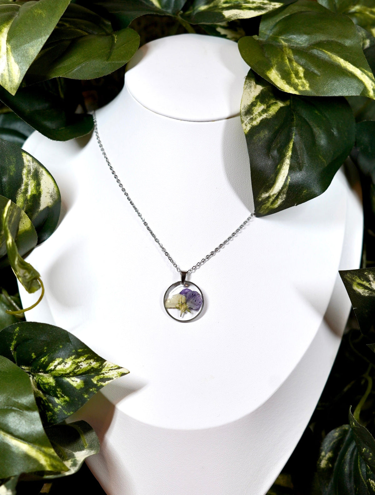Small Pressed Pansy Flower Circle Necklace