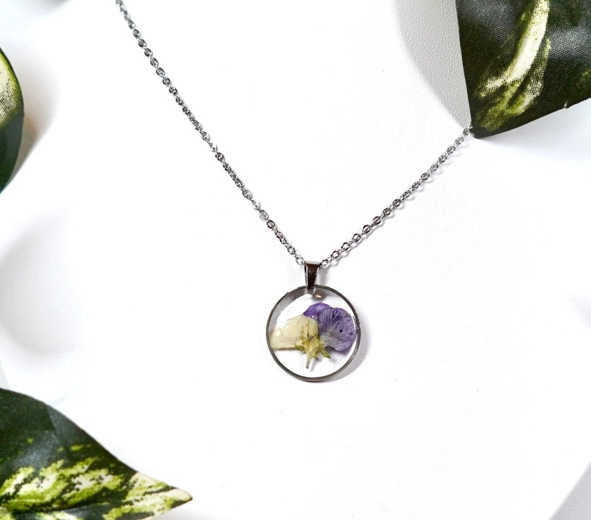Small Pressed Pansy Flower Circle Necklace