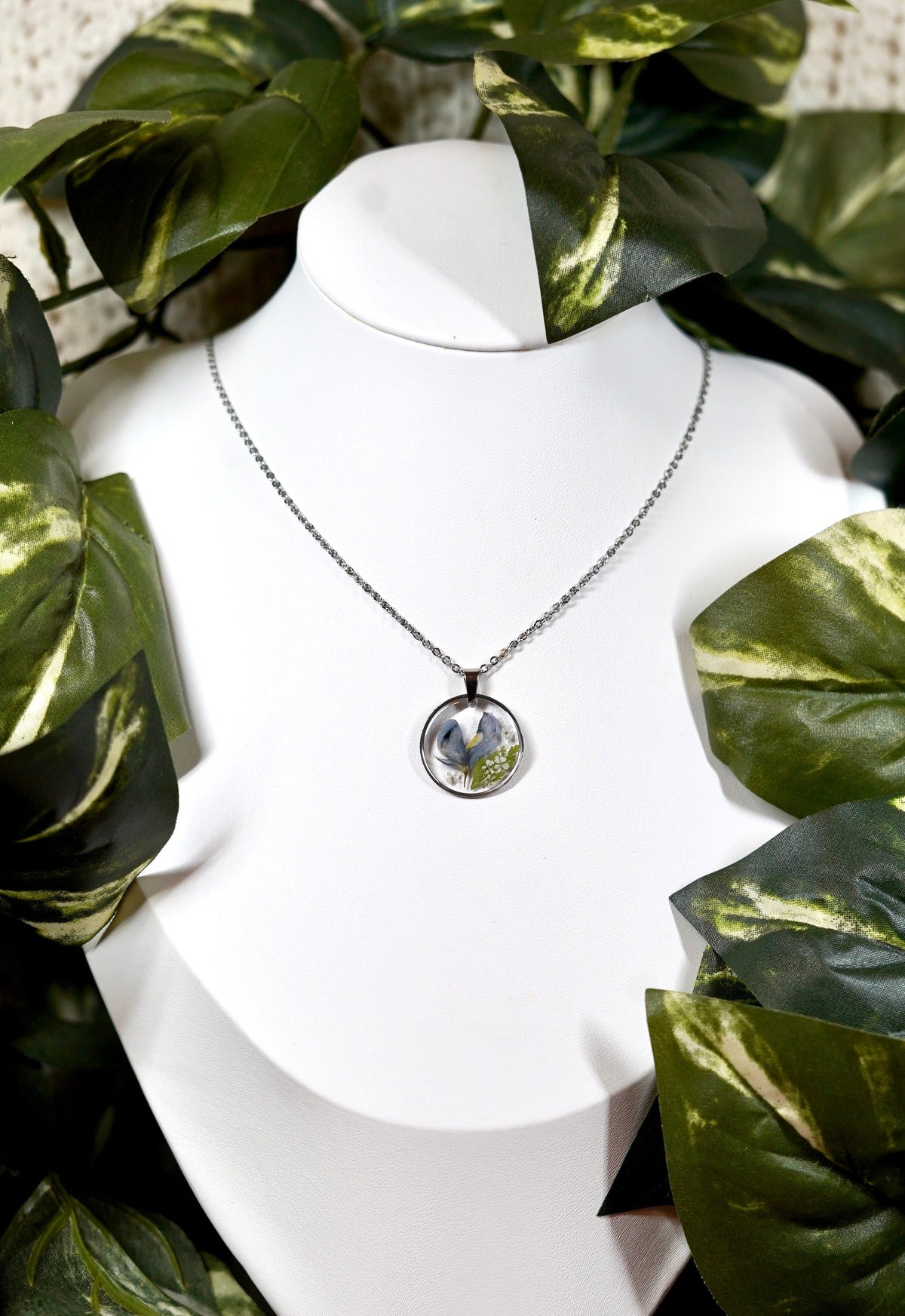 Blue Bonnet Botanical Flower Circle Necklace