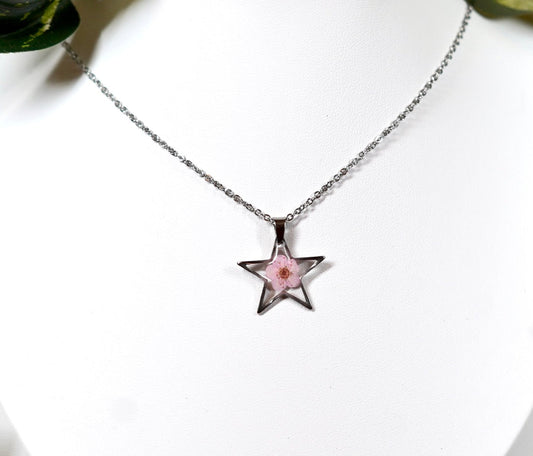 Pressed Pastel Pink Flower Star Necklace