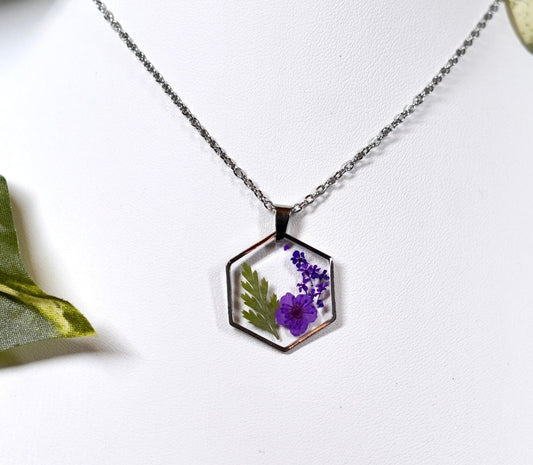 Purple Flower Crescent Fall Hexagon Necklace