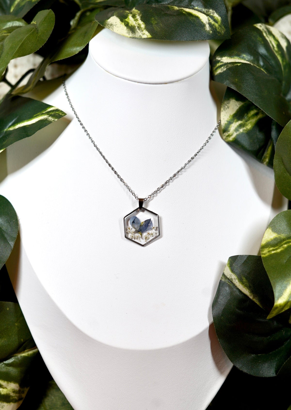 Blue Bonnet White Flower Hexagon Necklace