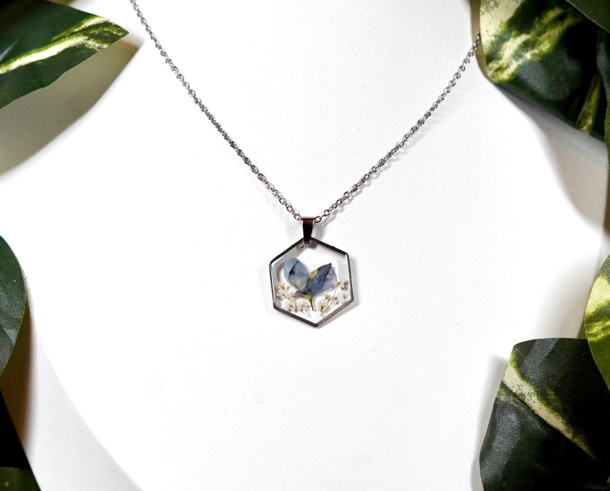 Blue Bonnet White Flower Hexagon Necklace