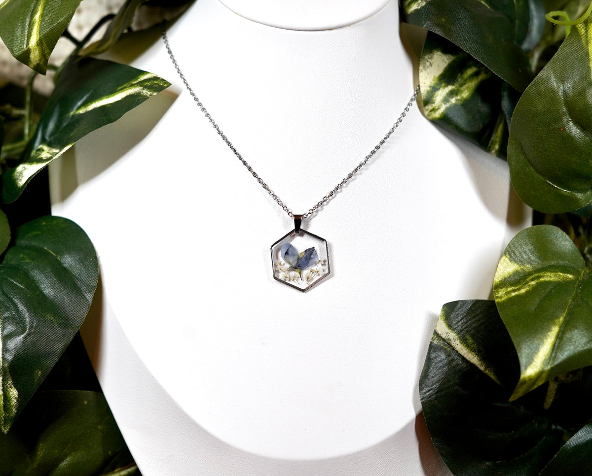 Blue Bonnet White Flower Hexagon Necklace