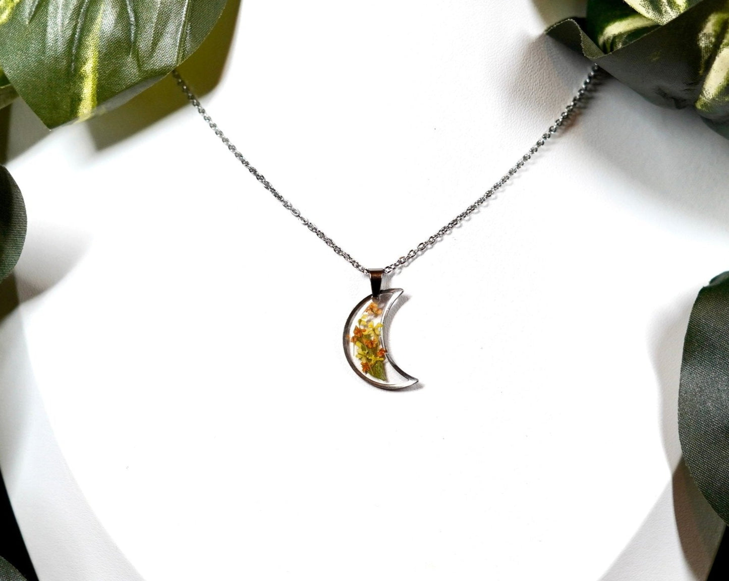 Pressed Orange/Yellow Flower Moon Necklace