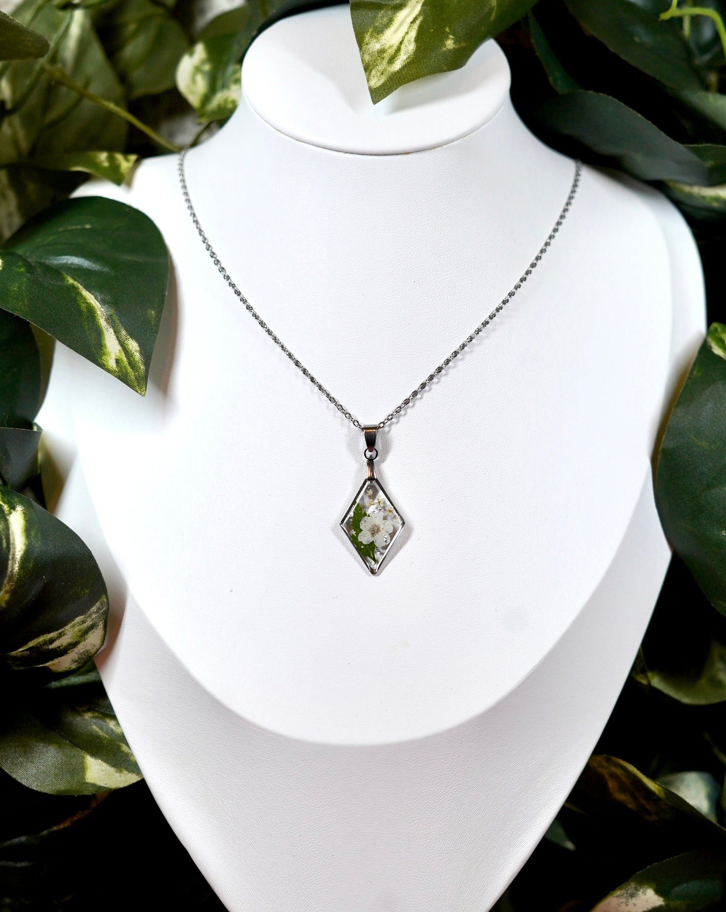 Botanical White Flower Fern Diamond Shimmer Necklace