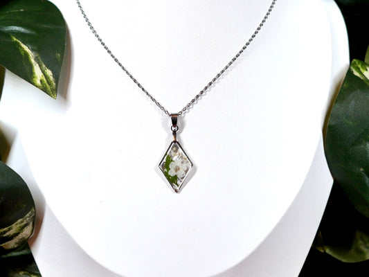 Botanical White Flower Fern Diamond Shimmer Necklace