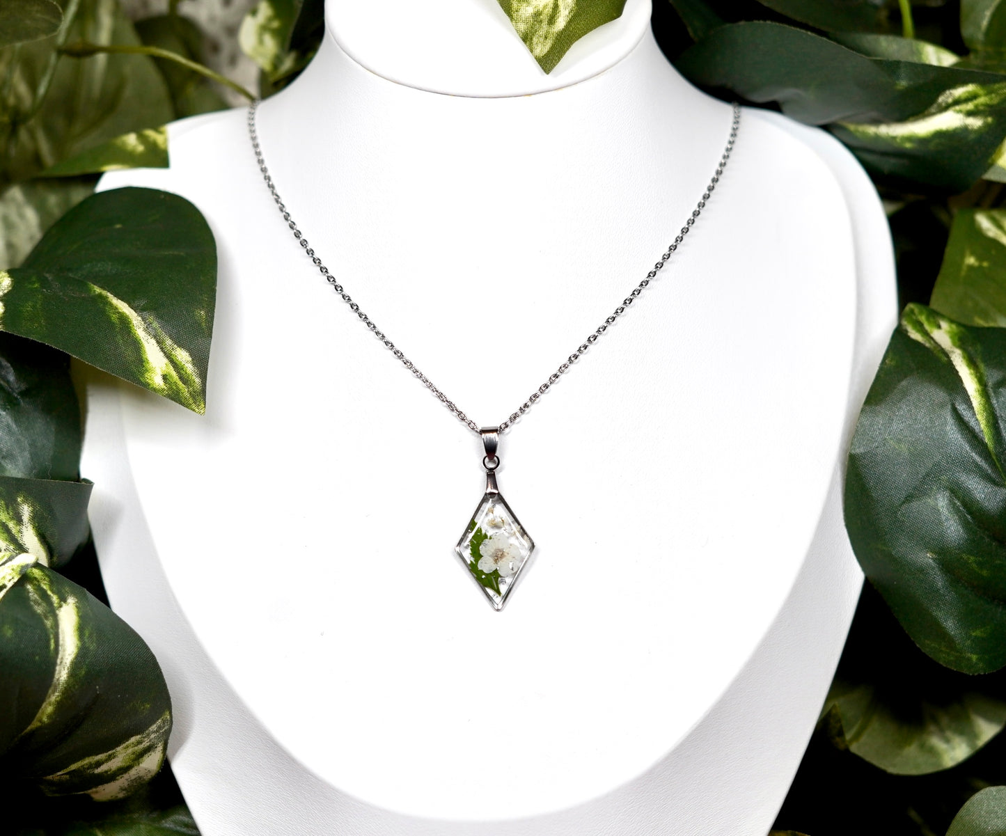 Botanical White Flower Fern Diamond Shimmer Necklace