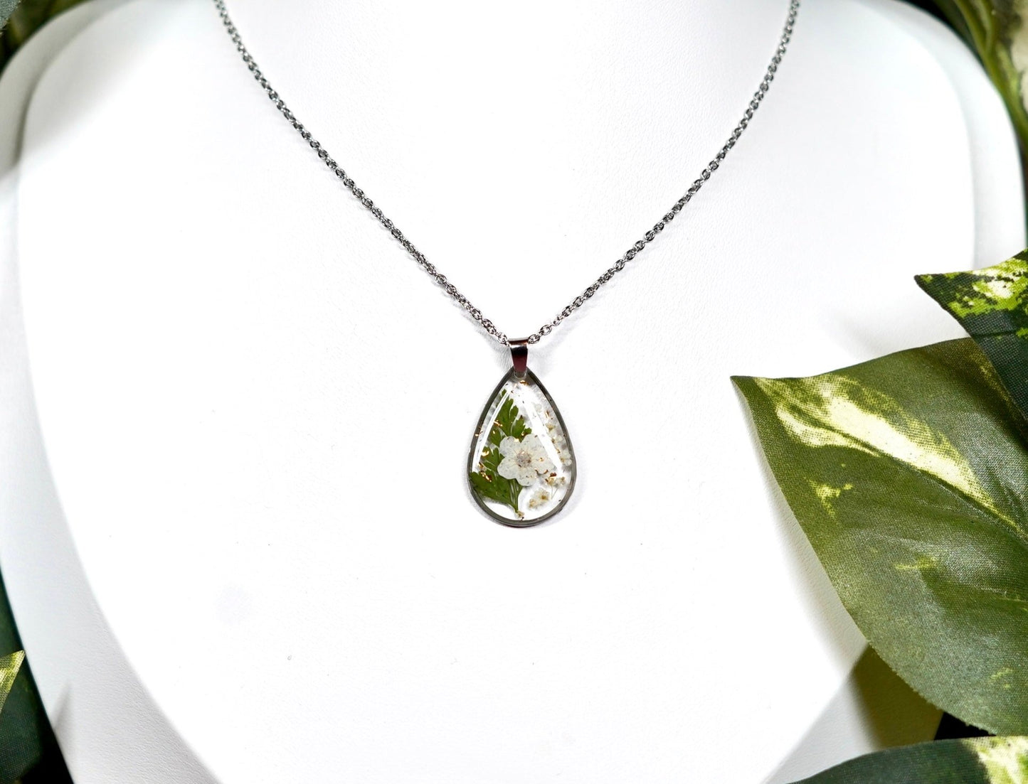 White Botanical Flower Shimmer Teardrop Necklace