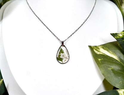 White Botanical Flower Shimmer Teardrop Necklace