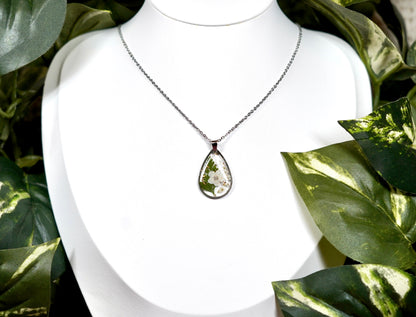 White Botanical Flower Shimmer Teardrop Necklace