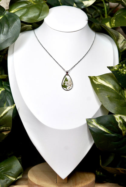 White Botanical Flower Shimmer Teardrop Necklace