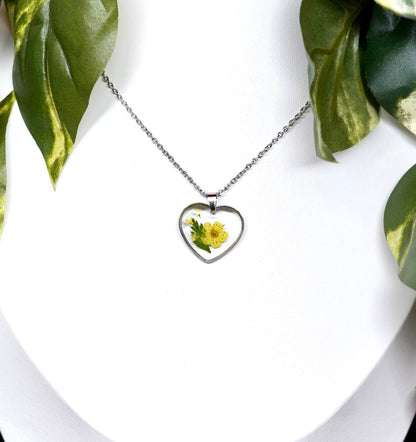 Yellow Flower Botanical Fern Sweetheart Necklace