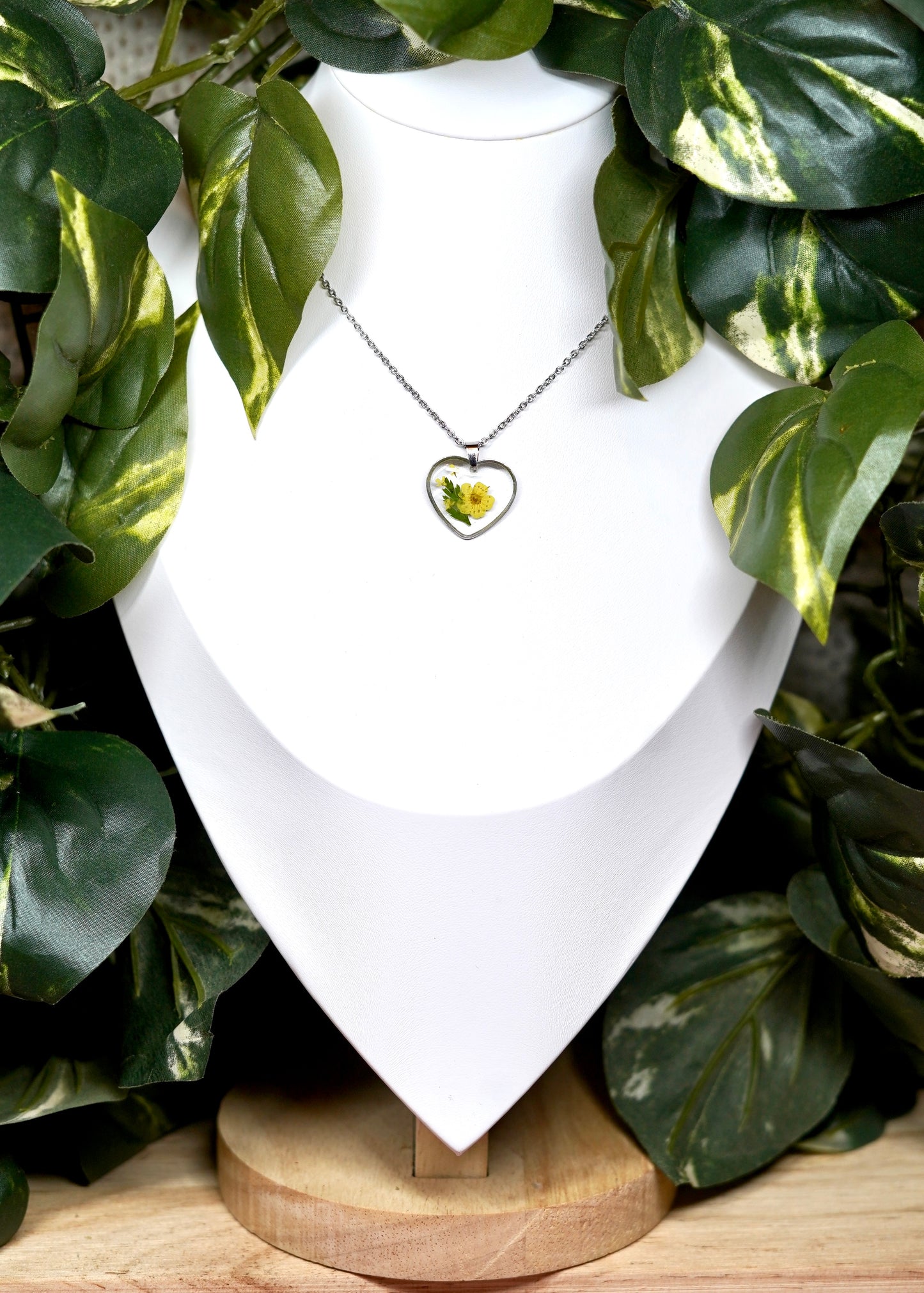 Yellow Flower Botanical Fern Sweetheart Necklace