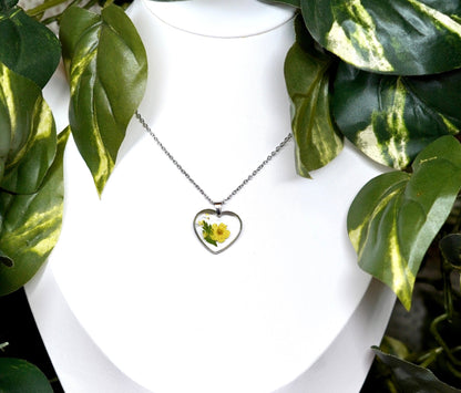 Yellow Flower Botanical Fern Sweetheart Necklace