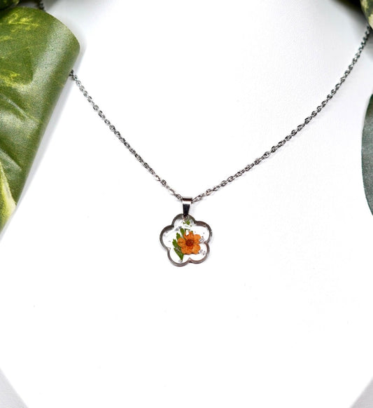 Teeny Botanical Orange Flower Bloom Silver Shimmer Necklace