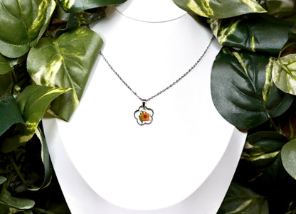 Teeny Botanical Orange Flower Bloom Silver Shimmer Necklace