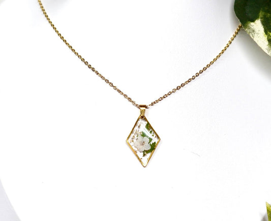 Botanical White Flower Fern Diamond Gold Shimmer Necklace