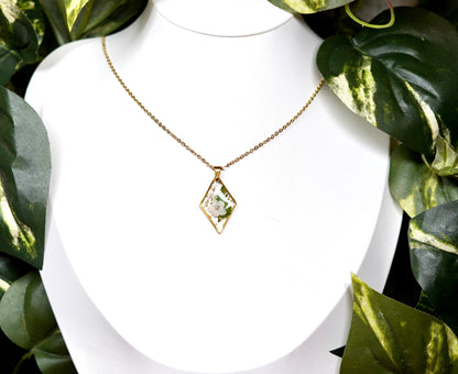 Botanical White Flower Fern Diamond Gold Shimmer Necklace