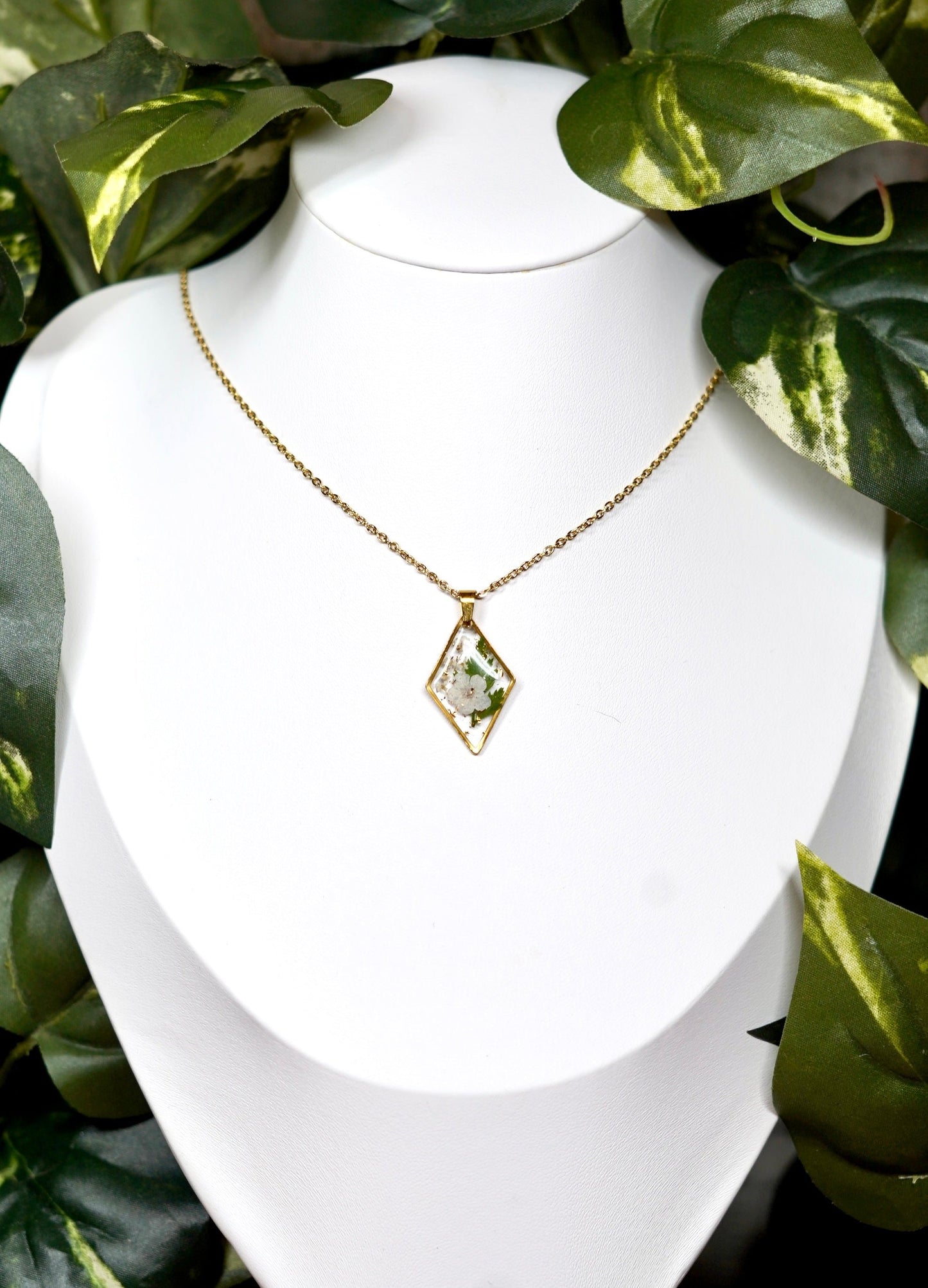 Botanical White Flower Fern Diamond Gold Shimmer Necklace