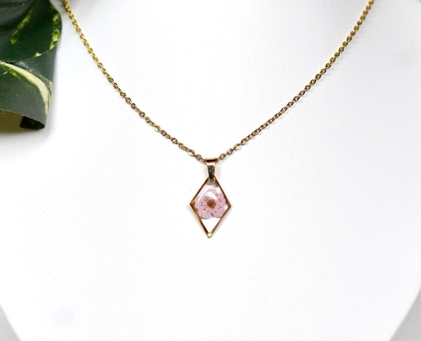 Teeny Pastel Pink Flower Diamond Gold Necklace