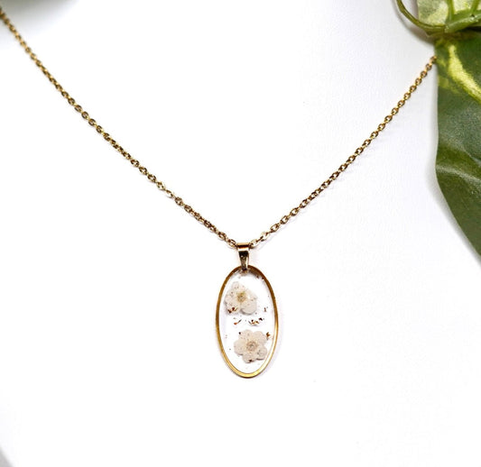 Pressed Double White Flower Oval Gold Shimmer Necklace