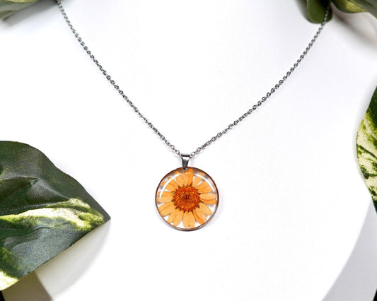 Medium Orange Daisy Flower Circle Necklace