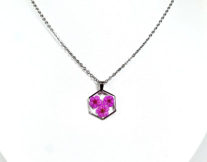 Hot Pink Three Flower Hexagon Necklace