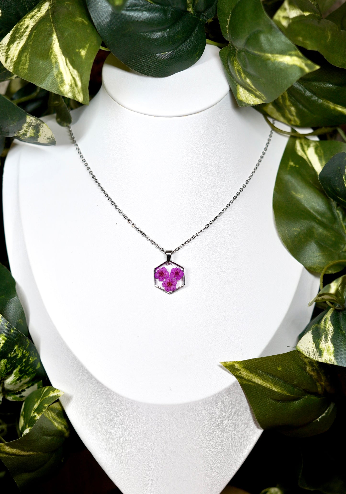 Hot Pink Three Flower Hexagon Necklace