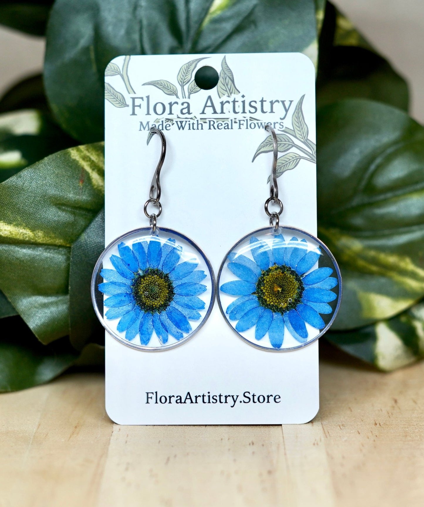 Large Blue Daisy Flower Dangle Earrings