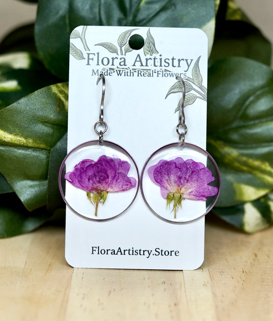 Large Purple Rose Flower Dangle Earrings