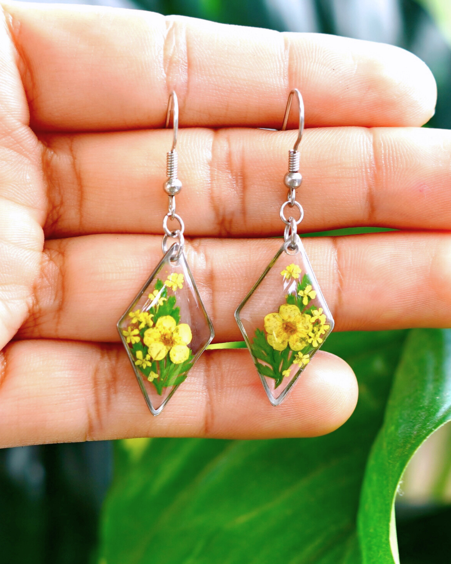 Yellow Flower Fern Diamond Dangle Earring