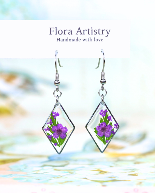 Purple Flower Fern Diamond Dangle Earring