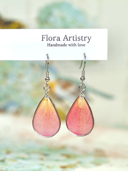 Pink Garden Rose Petal Teardrop Earrings