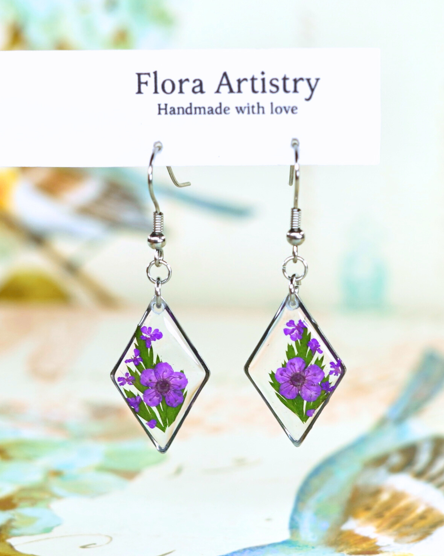 Purple Flower Fern Diamond Dangle Earring