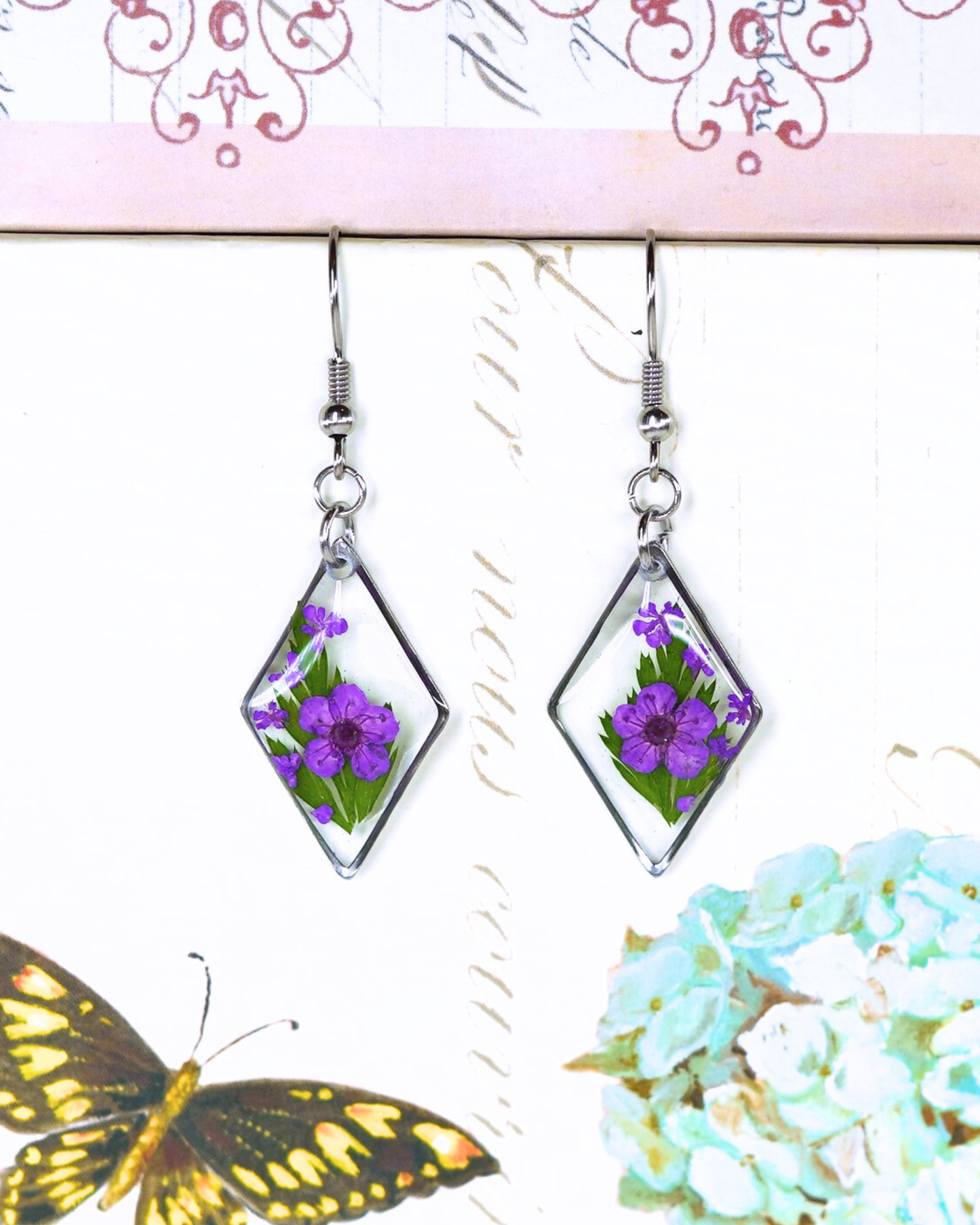 Purple Flower Fern Diamond Dangle Earring